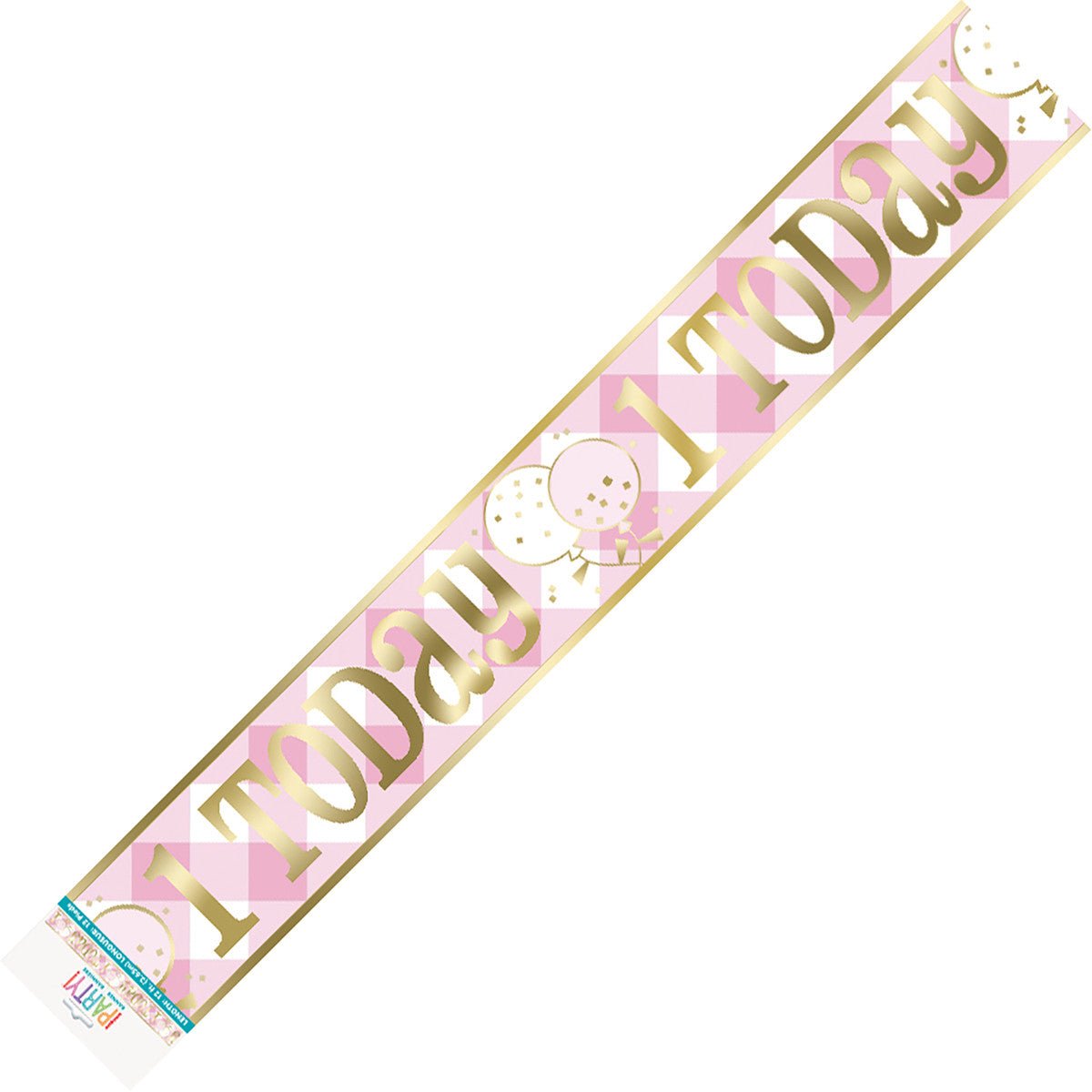 Pink Gingham 1st Birthday "1 Today" Foil Banner - 3.6m - The Party Marketplace
