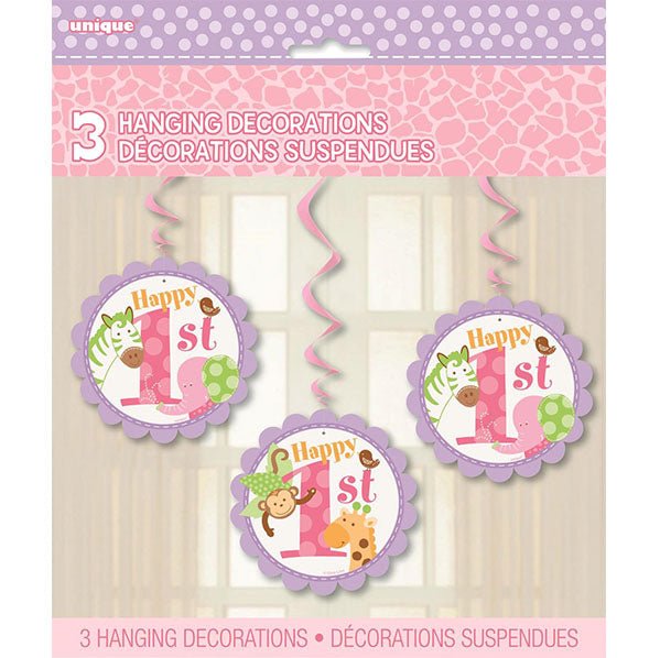 Pink Safari "1st Birthday" Hanging Swirl Decorations (Pack of 3) - The Party Marketplace