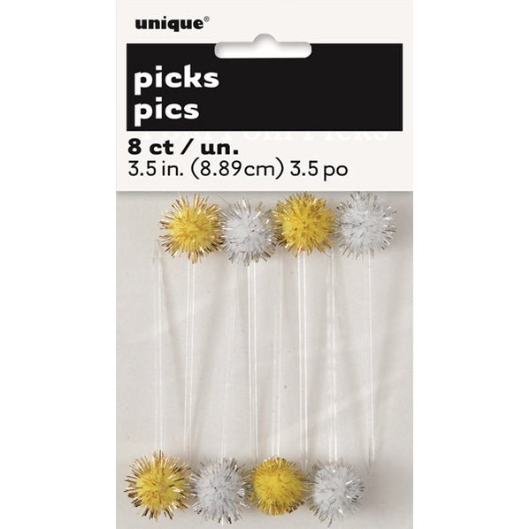 Pom Pom Picks - Silver & Gold (Pack of 8) - The Party Marketplace