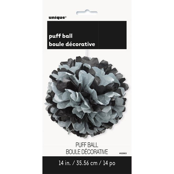 Puff Ball Decoration - Black & Silver 35cm - The Party Marketplace