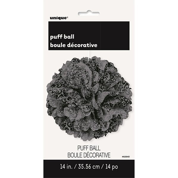 Puff Ball Decoration - Damask Black & Silver 35cm - The Party Marketplace