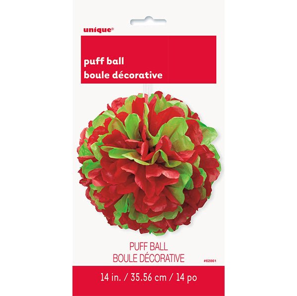 Puff Ball Decoration - Red & Green 35cm - The Party Marketplace