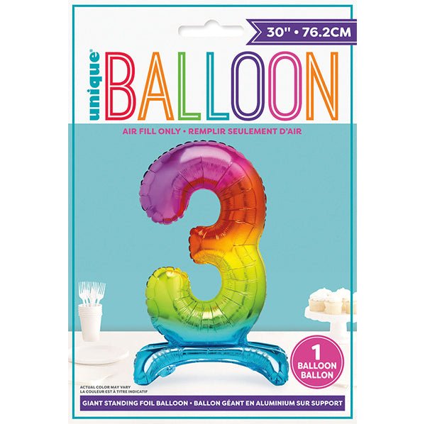 Rainbow "3" Giant Standing Numeral Foil Balloon (76cm) - The Party Marketplace