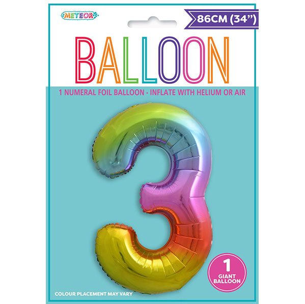 Rainbow "3" Numeral Foil Balloon (86cm) - The Party Marketplace