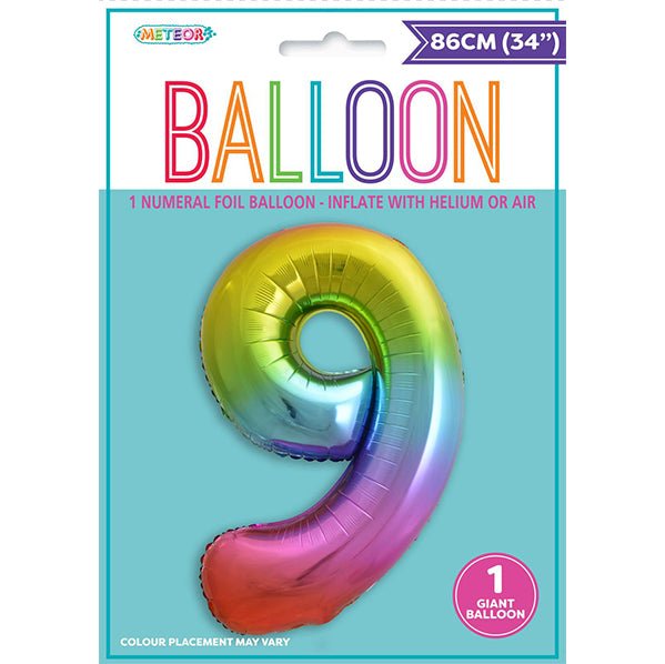 Rainbow "9" Numeral Foil Balloon (86cm) - The Party Marketplace