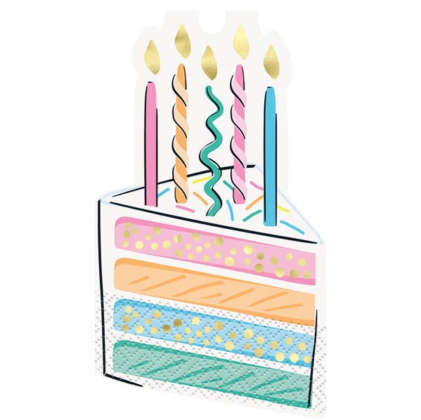 Rainbow Birthday Sweets - Foil Stamped Cake Shaped Luncheon Napkins (Pack of 16) - The Party Marketplace