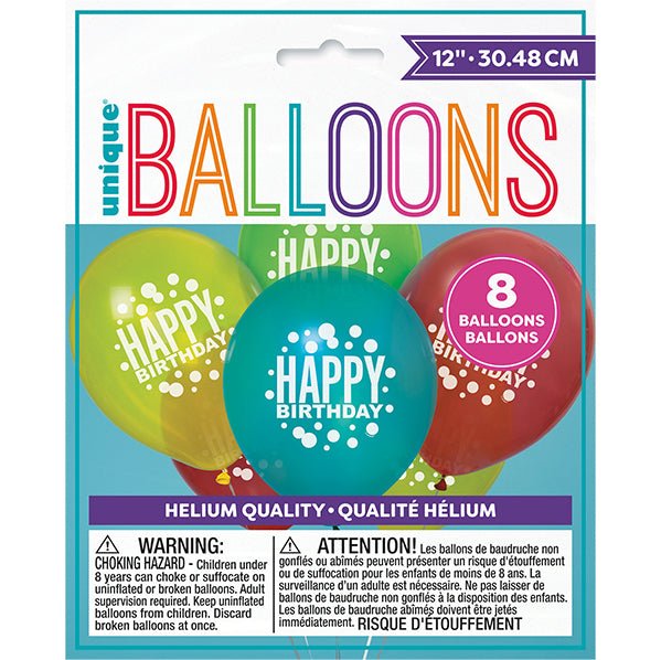 Rainbow Spots "Happy Birthday" Assorted Colour Balloons 30cm (Pack of 8) - The Party Marketplace