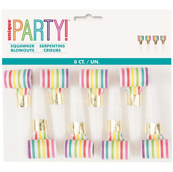 Rainbow Stripe Squawker Blowouts (Pack of 8) - The Party Marketplace