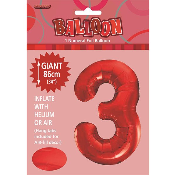 Red "3" Numeral Foil Balloon (86cm) - The Party Marketplace