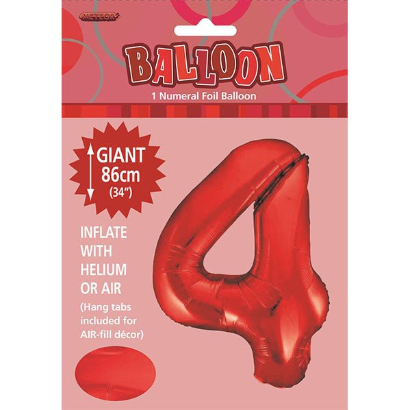 Red "4" Numeral Foil Balloon (86cm) - The Party Marketplace