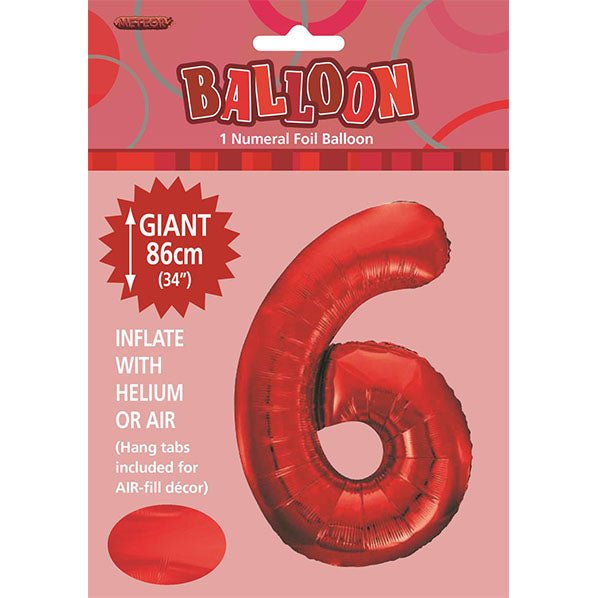 Red "6" Numeral Foil Balloon (86cm) - The Party Marketplace