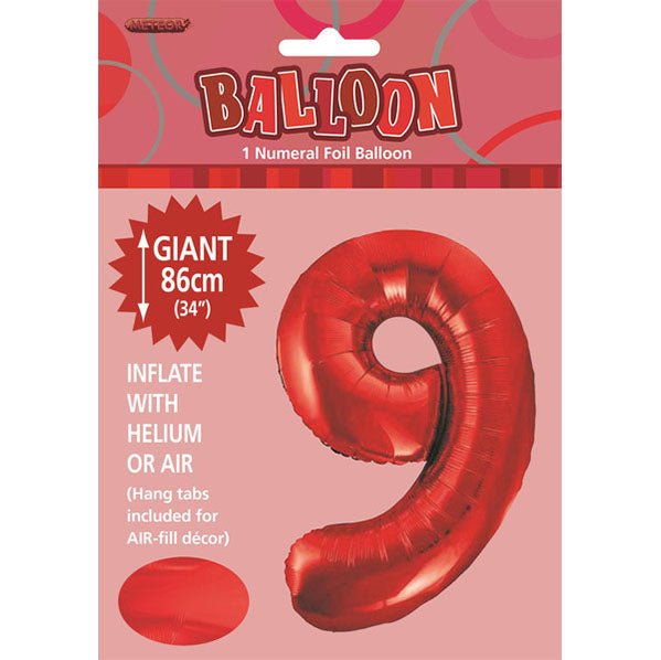 Red "9" Numeral Foil Balloon (86cm) - The Party Marketplace