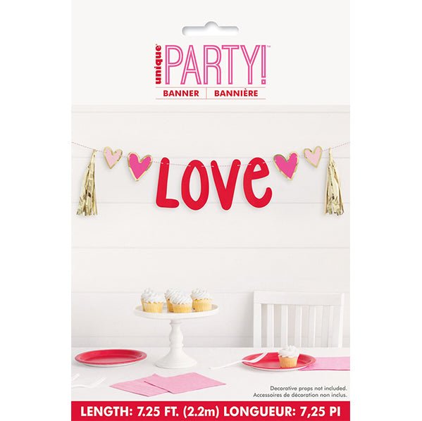 Red & Gold Foil Love Heart Banner With Foil Tassels 2.2m - The Party Marketplace