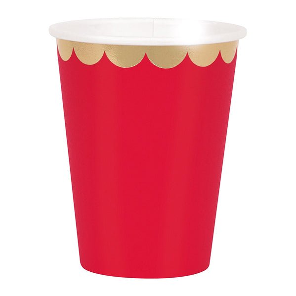 Red & Gold Foil Stamped Paper Cups 355ml (Pack of 8) - The Party Marketplace