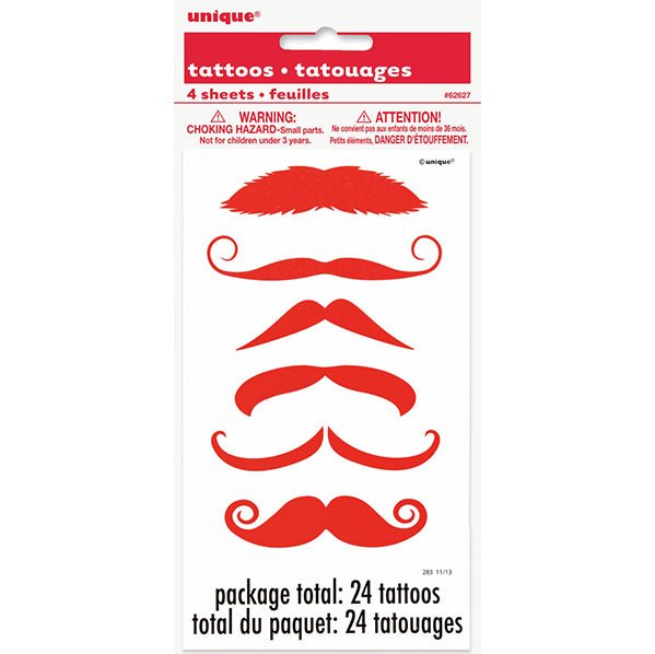 Red Moustache Tattoos (Pack of 24) - The Party Marketplace
