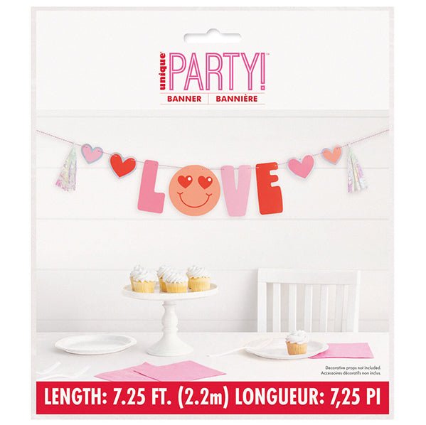Red, Pink & Iridescent Foil Love Heart Banner With Foil Tassels 2.2m - The Party Marketplace