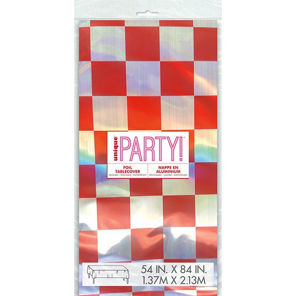 Retro Love Red & Iridescent Checkered Foil Tablecover 137cm x 274cm - The Party Marketplace