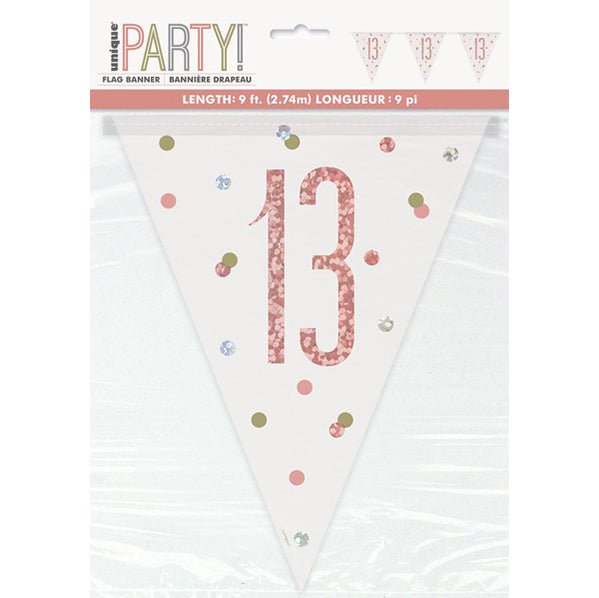 Rose Gold "13" Prismatic Foil Flag Banner - 2.74m - The Party Marketplace