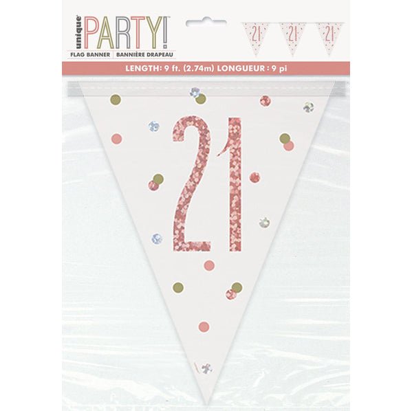 Rose Gold "21" Prismatic Foil Flag Banner - 2.74m - The Party Marketplace