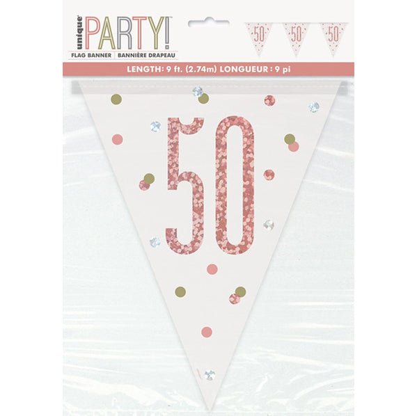 Rose Gold "50" Prismatic Foil Flag Banner - 2.74m - The Party Marketplace
