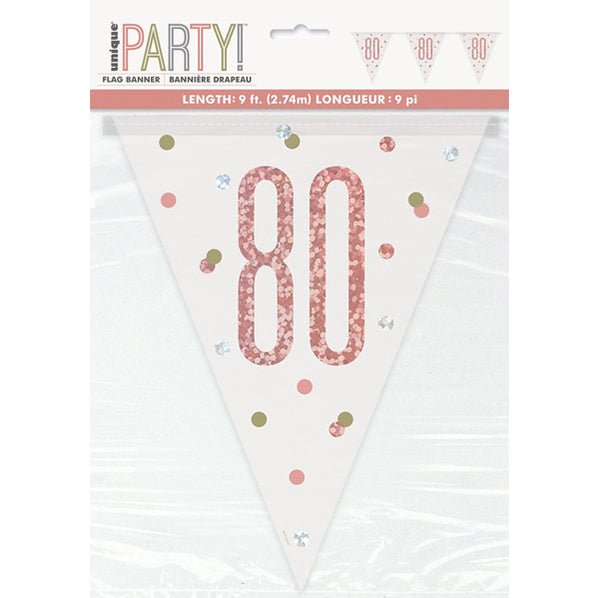 Rose Gold "80" Prismatic Foil Flag Banner - 2.74m - The Party Marketplace