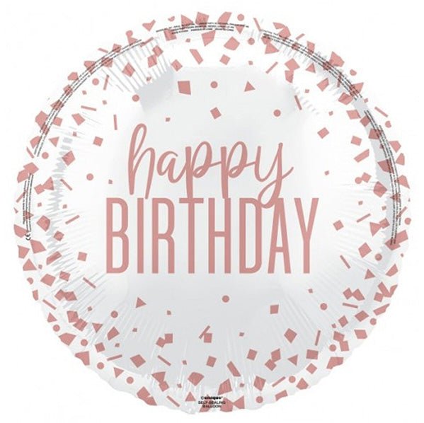 Rose Gold Confetti "Happy Birthday" Foil Balloon 45cm - The Party Marketplace