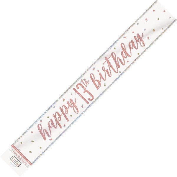 Rose Gold "Happy 13th Birthday" Prismatic Foil Banner - 2.74m - The Party Marketplace