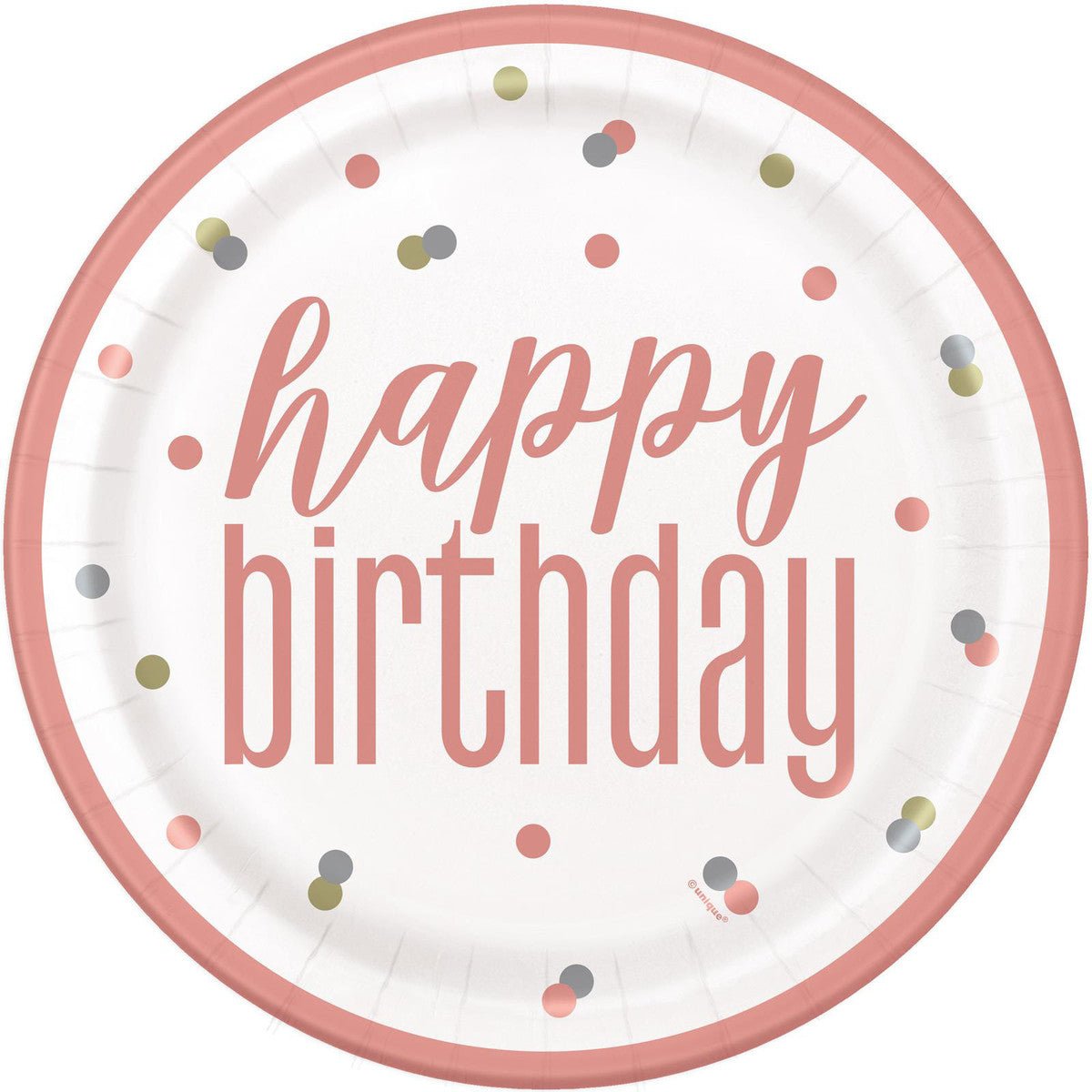 Rose Gold "Happy Birthday" Paper Plates 23cm (Pack of 8) - The Party Marketplace