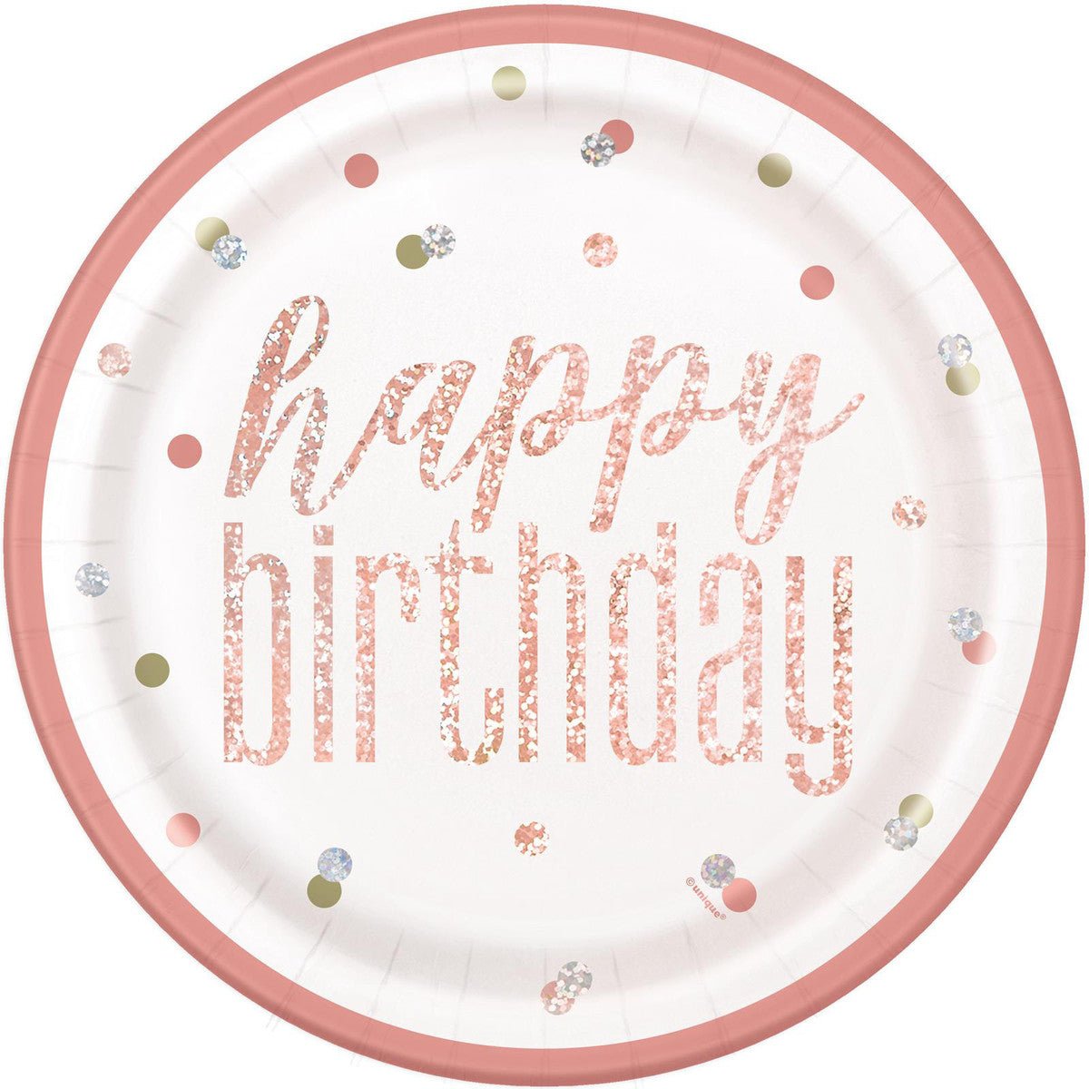 Rose Gold "Happy Birthday" Prismatic Paper Plates 23cm (Pack of 8) - The Party Marketplace