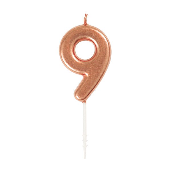 Rose Gold Mini Numeral Pick Candle - 9 - The Party Marketplace