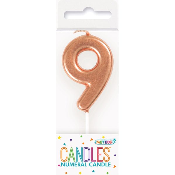 Rose Gold Mini Numeral Pick Candle - 9 - The Party Marketplace