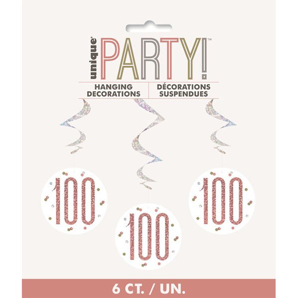 Rose Gold Prismatic "100" Hanging Swirl Decorations (Pack of 6) - The Party Marketplace