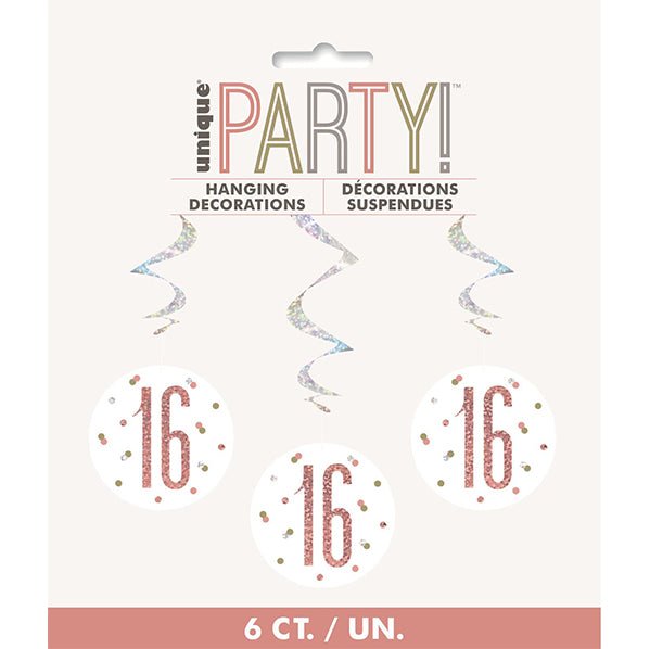 Rose Gold Prismatic "16" Hanging Swirl Decorations (Pack of 6) - The Party Marketplace