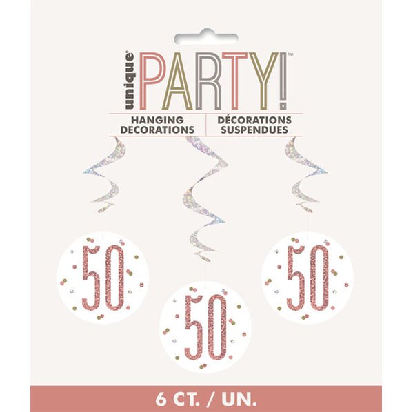Rose Gold Prismatic "50" Hanging Swirl Decorations (Pack of 6) - The Party Marketplace