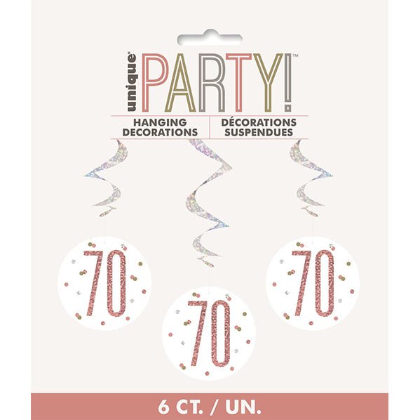 Rose Gold Prismatic "70" Hanging Swirl Decorations (Pack of 6) - The Party Marketplace