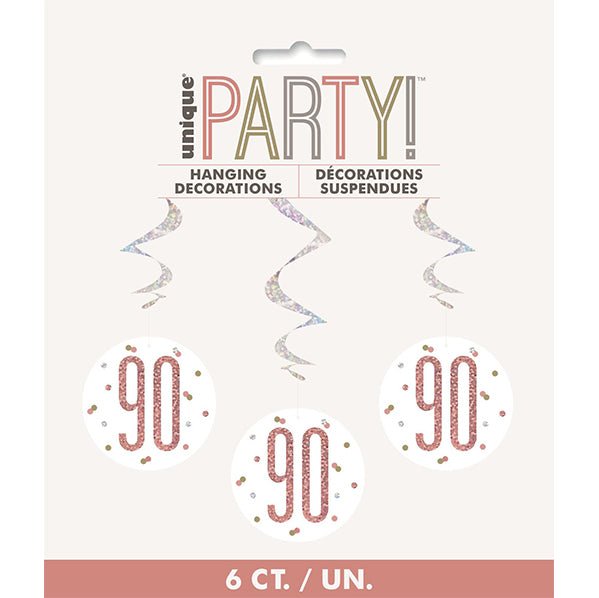Rose Gold Prismatic "90" Hanging Swirl Decorations (Pack of 6) - The Party Marketplace