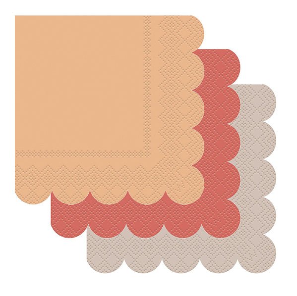 Scalloped Edge Beverage Napkins - Assorted Colours - Brown, Peach & Coral (Pack of 16) - The Party Marketplace