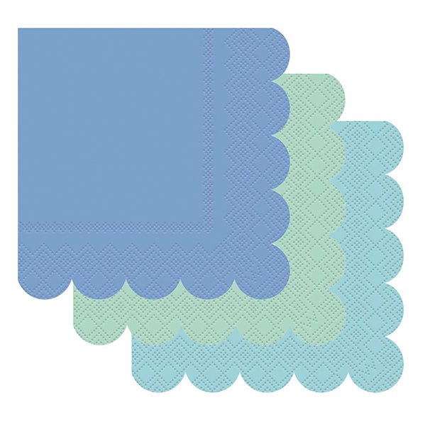 Scalloped Edge Beverage Napkins - Assorted Colours - Mint, Sky Blue & Lapis Blue (Pack of 16) - The Party Marketplace