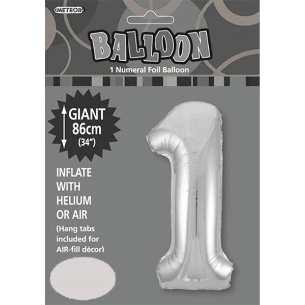 Silver "1" Numeral Foil Balloon (86cm) - The Party Marketplace