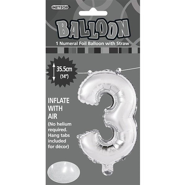 Silver "3" Numeral Foil Balloon (35cm) - The Party Marketplace