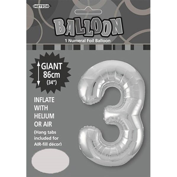 Silver "3" Numeral Foil Balloon (86cm) - The Party Marketplace