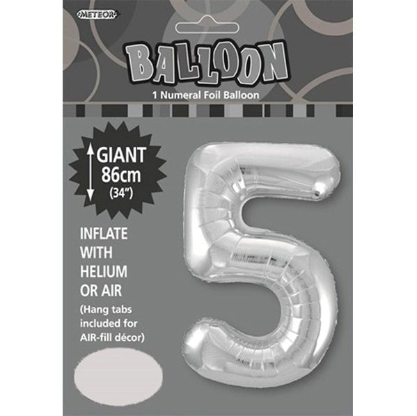 Silver "5" Numeral Foil Balloon (86cm) - The Party Marketplace