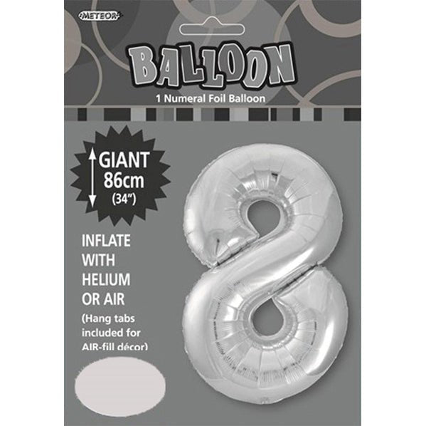Silver "8" Numeral Foil Balloon (86cm) - The Party Marketplace
