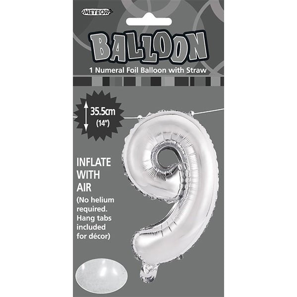 Silver "9" Numeral Foil Balloon (35cm) - The Party Marketplace