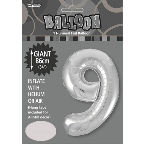 Silver "9" Numeral Foil Balloon (86cm) - The Party Marketplace