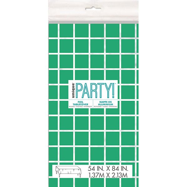 Silver & Bright Green Printed Foil Tablecover 137cm x 213cm - The Party Marketplace