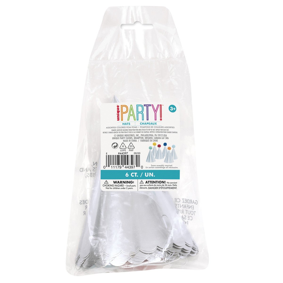 Silver Foil Pom Pom Party Hat (Pack of 6) - The Party Marketplace