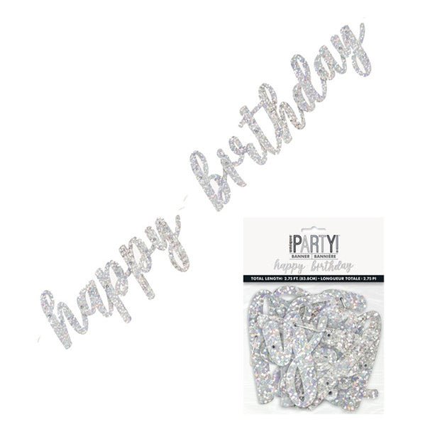 Silver Foil Script "Happy Birthday" Prismatic Jointed Banner - 83.8cm - The Party Marketplace