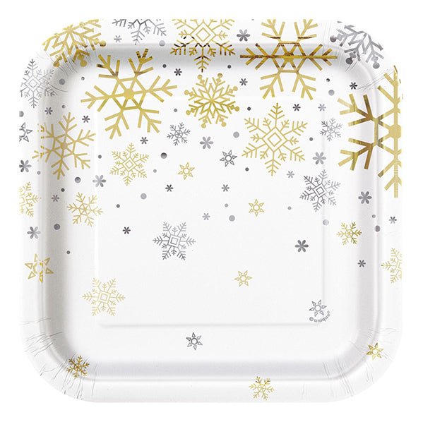 Silver & Gold Holiday Snowflake Foil Stamped Square Paper Plates 18cm (Pack of 8) - The Party Marketplace