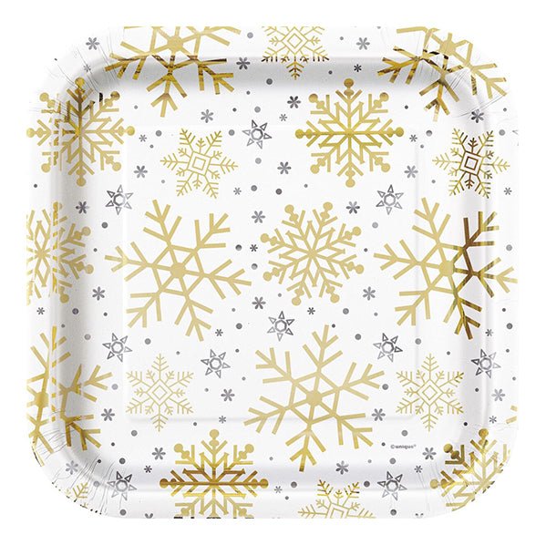 Silver & Gold Holiday Snowflakes Foil Stamped Square Paper Plates 23cm (Pack of 8) - The Party Marketplace